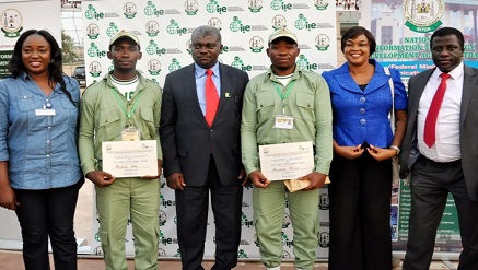 (L-r): Mrs. Iruma Blessing, Camp Director, FCT NYSC Orientation Camp, Opaluwa Ojochogwu (corps member and joint first prize winner), Deputy Director, Multi Stakeholders partnership, National Information Technology Development Agency [NITDA], John Chima, Awulonu Stephen (corps member and joint first prize winner) of N250,000 in the NITDA NYSC ICT Innovation & Entrepreneurship Programme for Corp Member, Chinyere Ekwe and National Coordinator, Office of ICT Innovation& Entrepreneurship of NITDA, Bunmi Okunowo